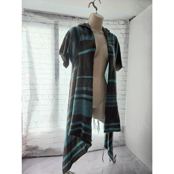 Bamboo Traders Women's Size Large Grey/Blue Striped Open Hooded Sweater - Picture 3 of 7